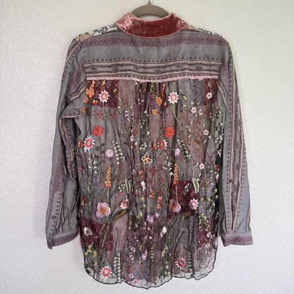 John Mark Top Womens Small Embroidered Floral Mix Art Blouse Boho Button Up Shir - Picture 1 of 14